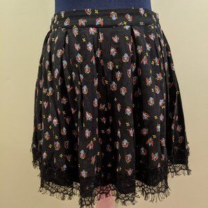 Black Patterned Pleated Lace Trim Skirt